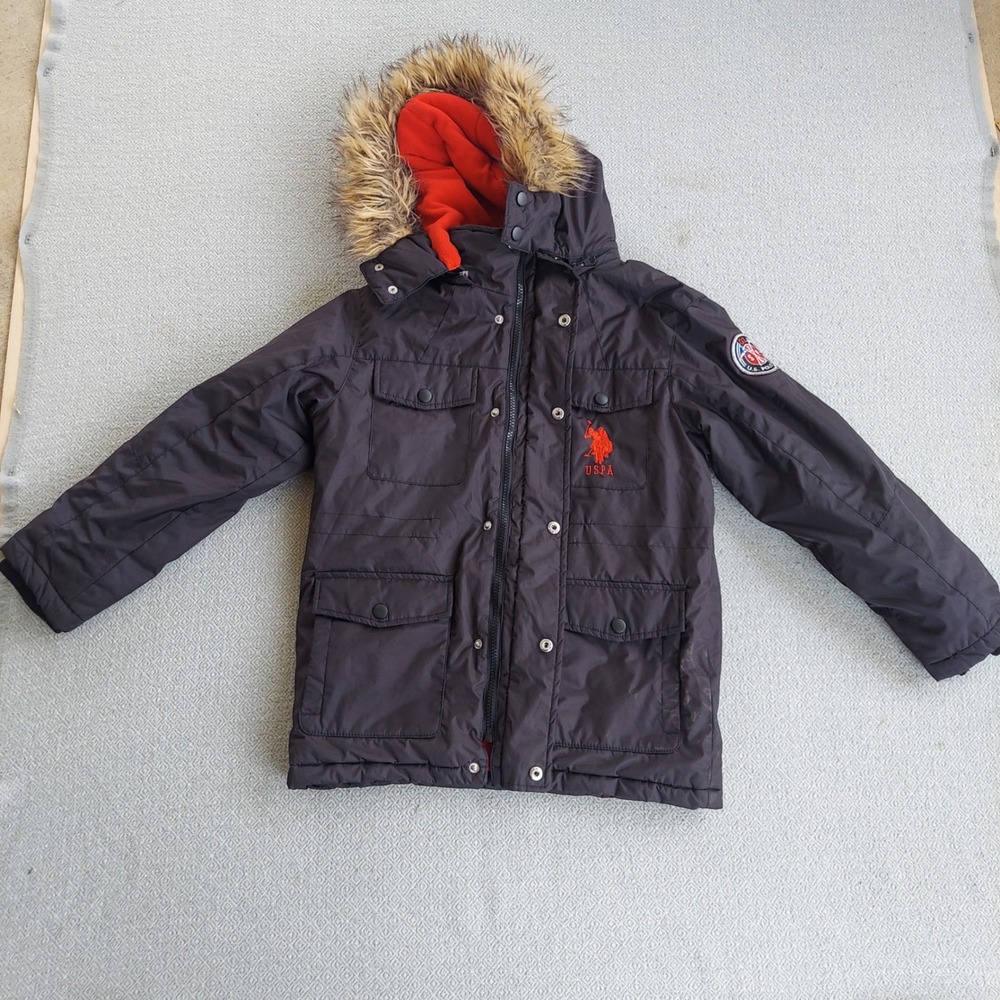 U.S. Polo Assn Parka‎ Boys 8 Black Hooded Faux Fur Fleece Lined Jacket Puffer